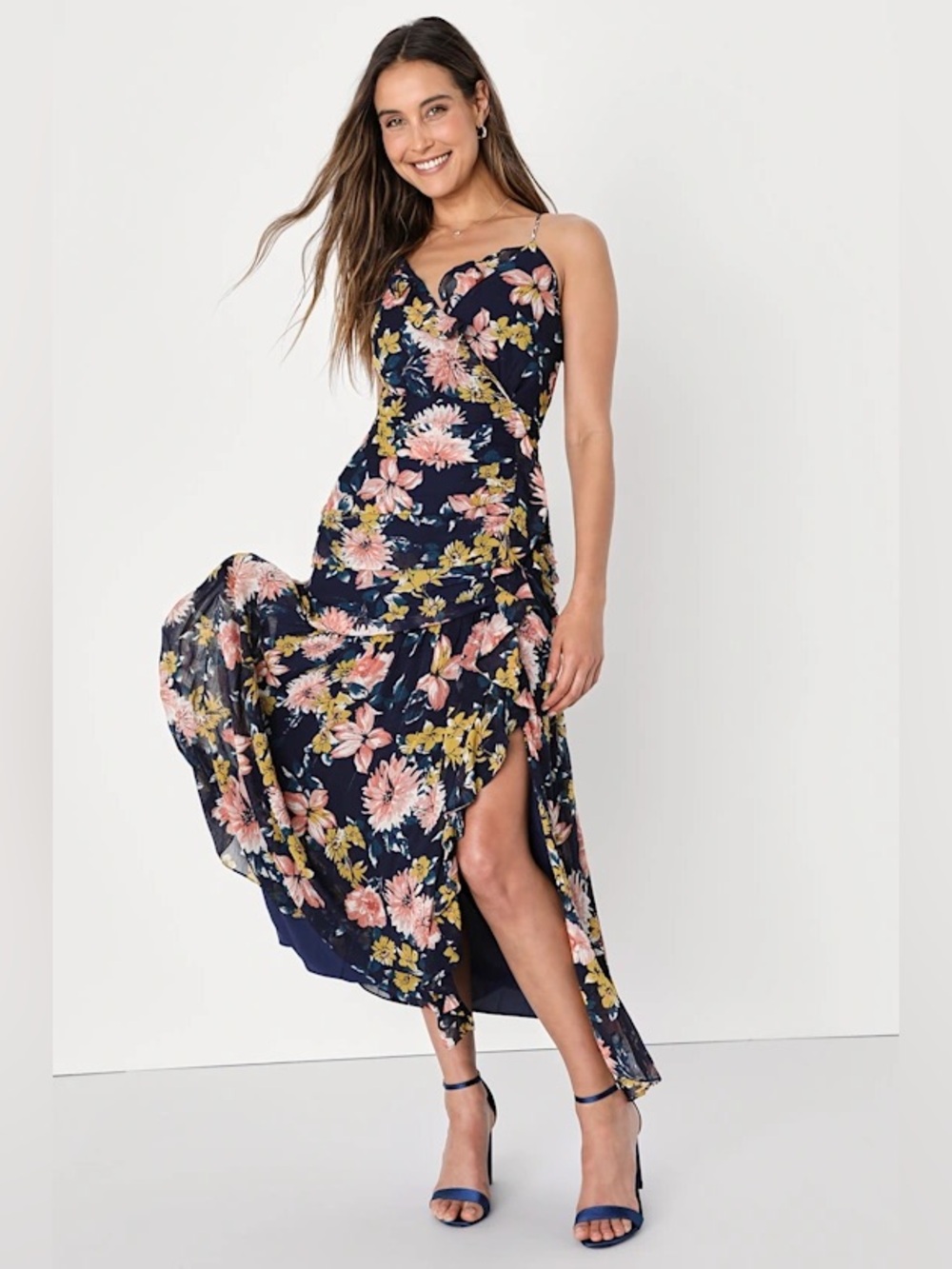 NWT Lulu's‎ Stunning Soiree Navy Blue Floral Print Ruched Midi Dress Lined Large